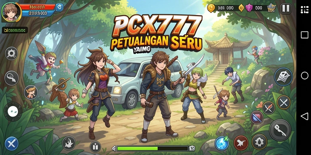 Tampilan gameplay PCX777 yang penuh aksi dan karakter anime.