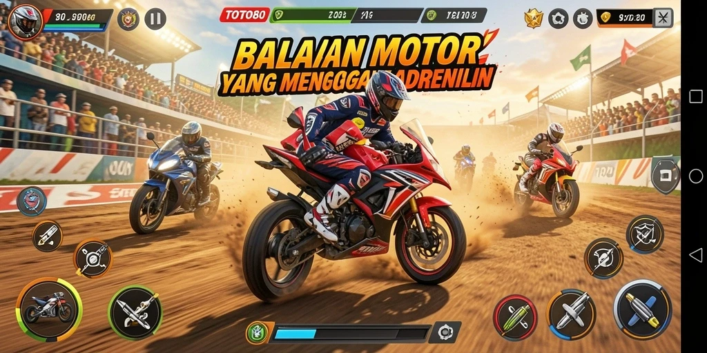 Tangkapan layar gameplay TOTO80 menampilkan aksi balapan motor yang mendebarkan.